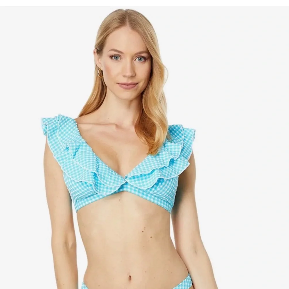 New Lilly Pulitzer Aelin Bikini Swim Top in Crinkle Turquoise Blue Oasis Gingham